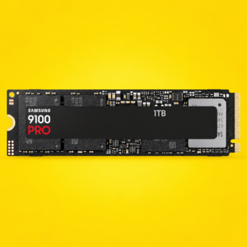 Samsung 9100 PRO 1TB PCIe 5.0 NVMe M.2 SSD on a yellow gradient background